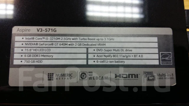 Acer Aspire V3-571G. 15.6", 3,1����, ��� 8 ��, ���� 750���, WiFi: 1, Bluetooth: 1 ����