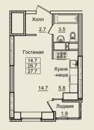 Гостинка, улица Нейбута 17 кор. 9. 64, 71 микрорайоны, застройщик, 28 кв. м. План квартиры