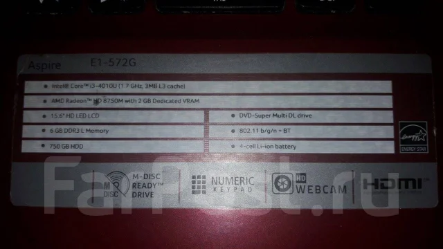 Acer Aspire E1-572G. 15.6", 1 700����, ��� 6 ��, ���� 750���, WiFi: 1, Bluetooth: 1, ����������� �� 8��. ����