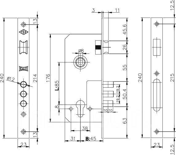Замок врезной с защелкой kale kilit 152 3mr