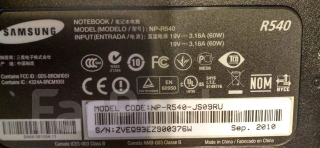 Samsung R540. 15.6", 2,4����, ��� 4 ��, ���� 320���, WiFi: 1, Bluetooth: 1 ����