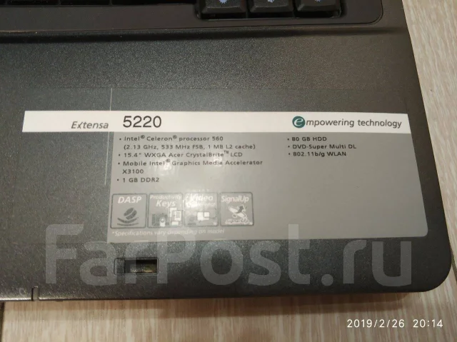 Acer Extensa 5220. 15.4", 2,1����, ��� 2048 ��, WiFi: 1 ����