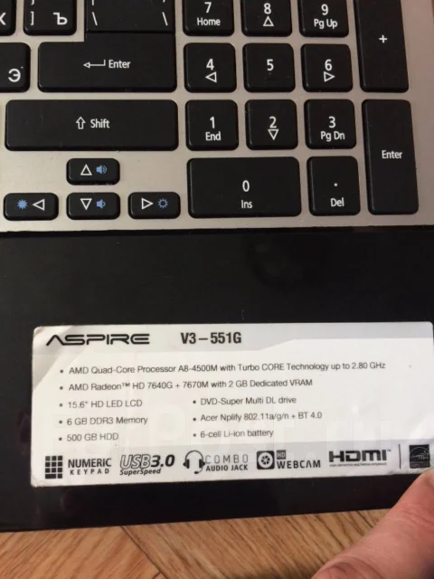 Acer Aspire V3-551G. 15.6", 60����, ��� 6 ��, ���� 500���, WiFi: 1, Bluetooth: 1 ����