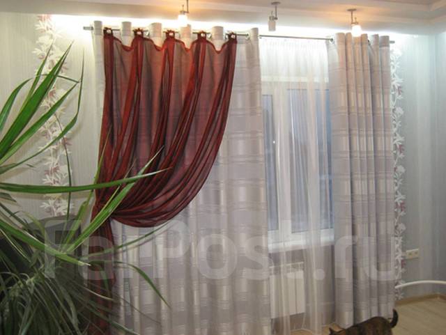Тюль и шторы на люверсах на двух карнизах фото