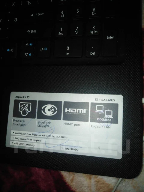 Acer Aspire ES15. 2,4����, ��� 4 ��, ���� 500���, WiFi: 1, Bluetooth: 1 ����