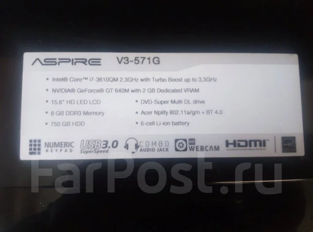 Acer Aspire V3-571G. 15.6", 2,3����, ��� 8 ��, ���� 750���, WiFi: 1 ����