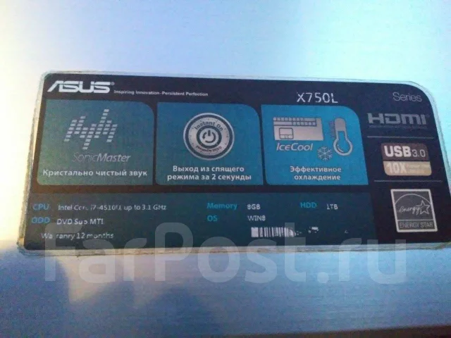 Asus X750L. 17.3", ��� 8 ��, ���� 1 000���, WiFi: 1, Bluetooth: 1, ����������� �� 3��. ����