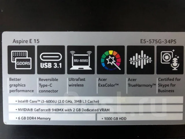 Acer Aspire E15. 15.4", 2����, ��� 6 ��, ���� 1 128���, WiFi: 1, Bluetooth: 1, ����������� �� 4��. ����