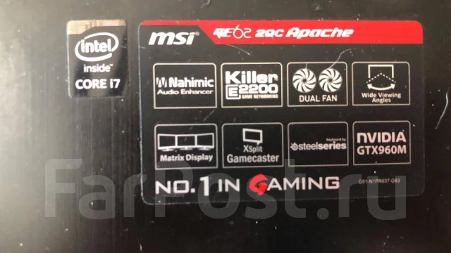 MSI GE72 2QE Apache. 15.5", 2,3����, ��� 8 ��, ���� 1 000���, WiFi: 1, Bluetooth: 1, ����������� �� 3��. ����