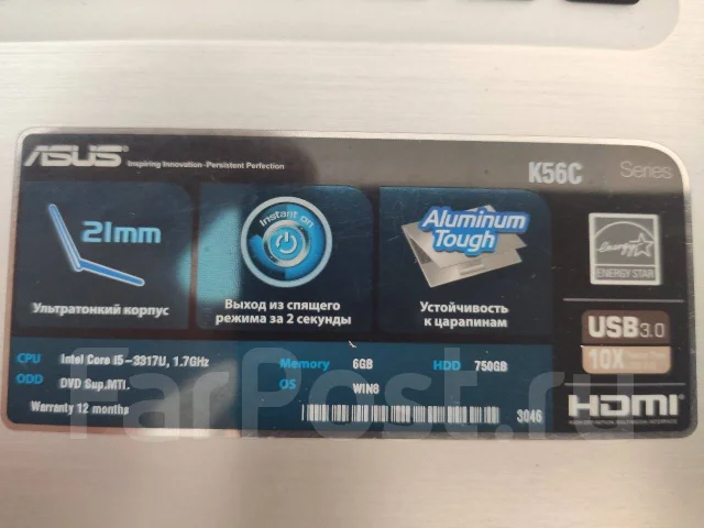 Asus K56C. 15.6", ��� 6 ��, ���� 750���, WiFi: 1, Bluetooth: 1, ����������� �� 3��. ����