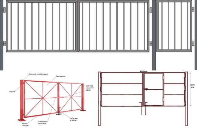 Распашные ворота для забора чертеж