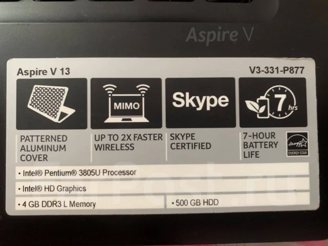 Acer Aspire V3-331. 13.3", 1,9����, ��� 4 ��, ���� 500���, WiFi: 1, Bluetooth: 1, ����������� �� 7��. ����