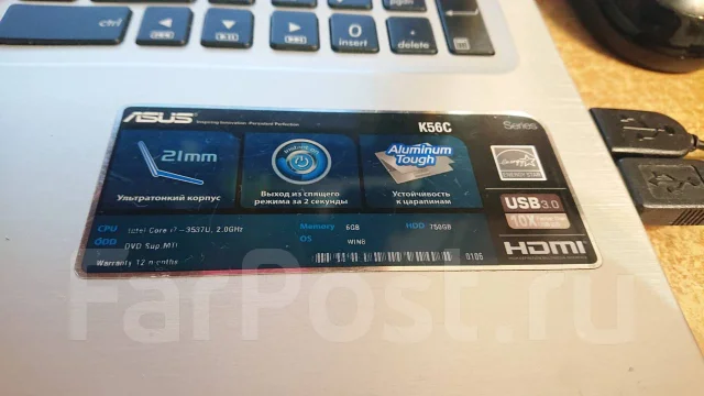 Asus K56C. 15", 2����, ��� 8 ��, ���� 750���, WiFi: 1, Bluetooth: 1, ����������� �� 20��. ����