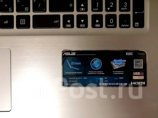 Asus K56C. 15.6", 1,8����, ��� 4 ��, ���� 149���, WiFi: 1, Bluetooth: 1, ����������� �� 2��. ����