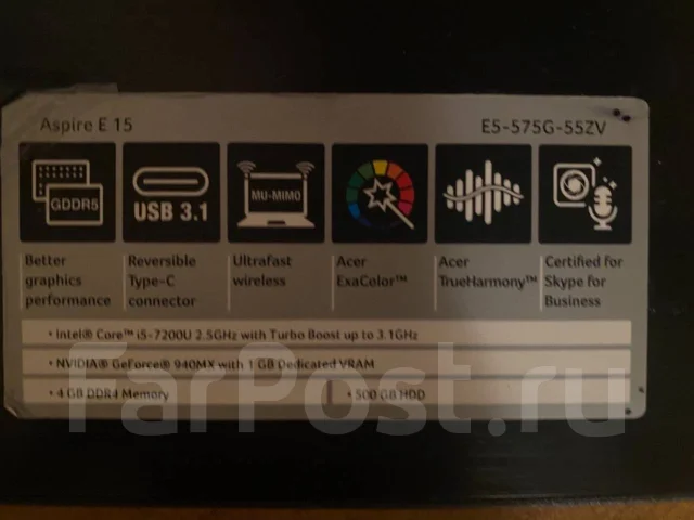 Acer Aspire E15. 15.6", 3,1����, ��� 4 ��, ���� 500���, WiFi: 1, Bluetooth: 1, ����������� �� 6��. ����