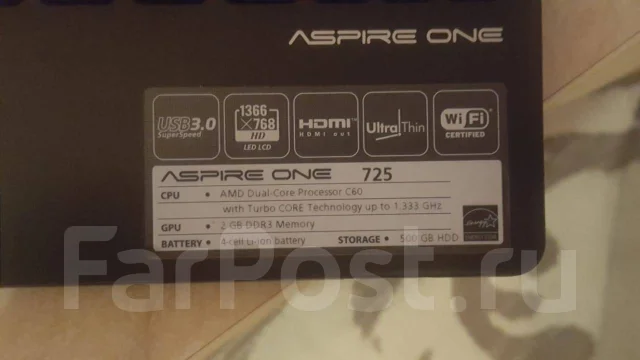 Acer Aspire One 725-C61kk. 11.6", 1,3����, ��� 2048 ��, ���� 500���, WiFi: 1, Bluetooth: 1 ����