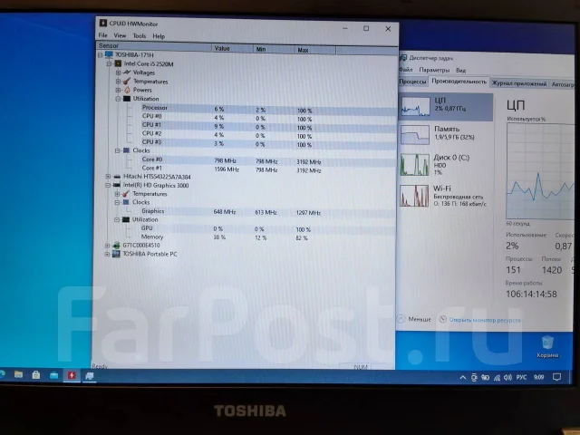 Toshiba Portege. 13.3", 3,2����, ��� 6 ��, ���� 250���, WiFi: 1, Bluetooth: 1, ����������� �� 5��. ����