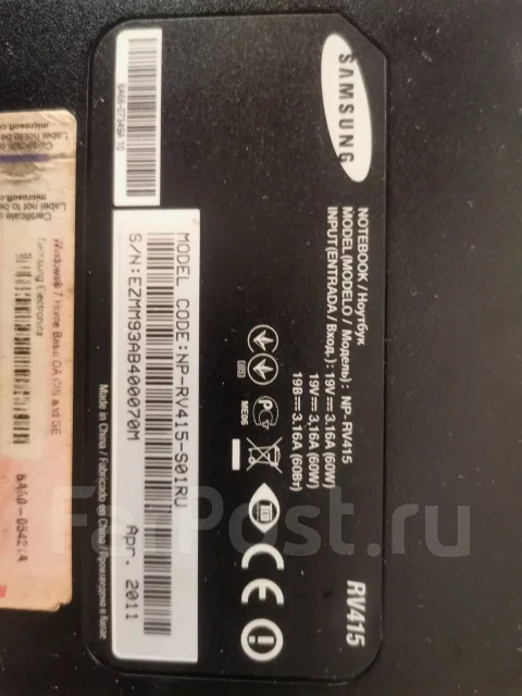 Samsung RV415. 14", 1 600����, ��� 2048 ��, WiFi: 1, Bluetooth: 1, ����������� �� 1��. ����