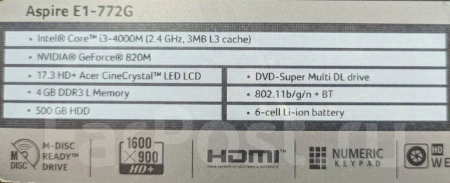 Acer Aspire E1-772G. 17.3", 2,4����, ��� 4 ��, ���� 500���, WiFi: 1, Bluetooth: 1, ����������� �� 3��. ����