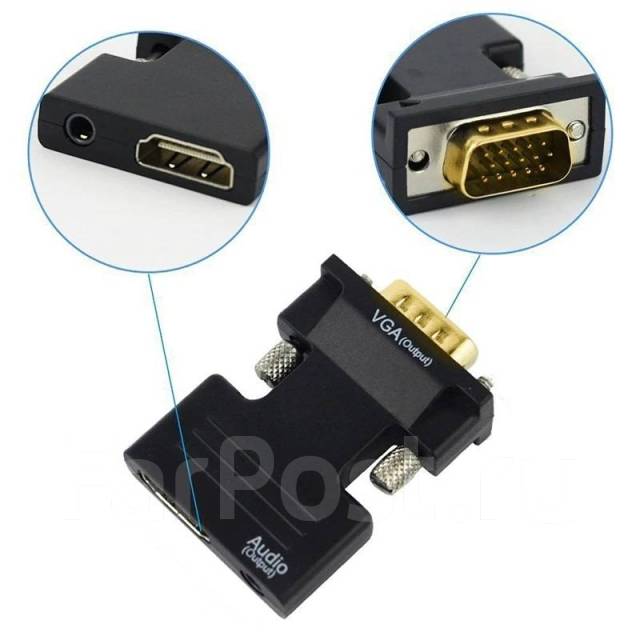 Переходник HDMI (female, мама) - VGA (male, папа) + 3.5mm AUX, новый, в .
