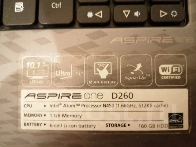 Acer Aspire One. 10.1", 1,7����, ��� 1024 ��, ���� 160���, WiFi: 1, Bluetooth: 1, ����������� �� 8��. ����