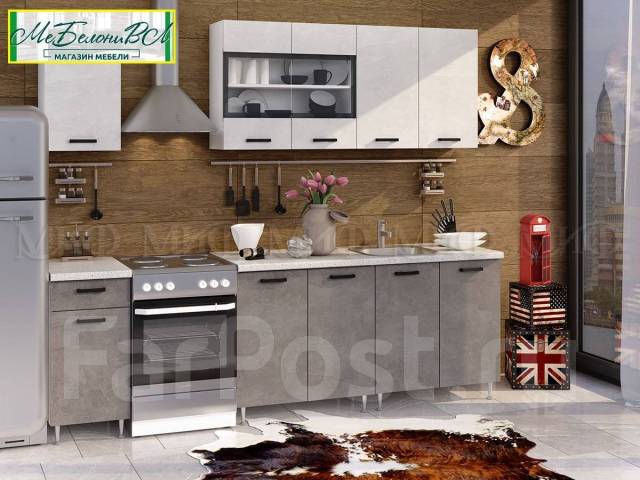 Кухня прямая модульная 2м Рио Бетон светлый/темный, серый, новый, под ...