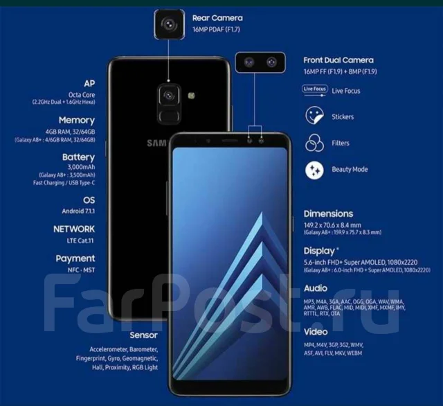 Samsung Galaxy A8+. �/�, ������, 4G LTE, Dual-SIM, NFC ����