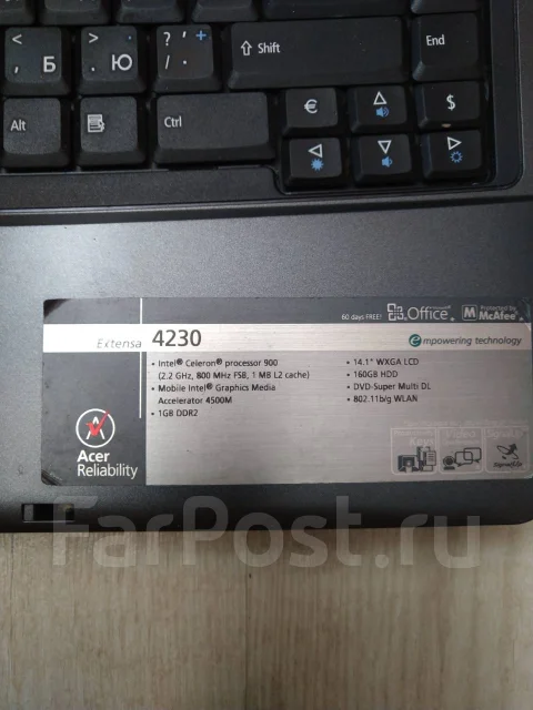 Acer Extensa 4230. 14.1", 2,2����, ��� 1024 ��, ���� 160���, WiFi: 1, ����������� �� 2��. ����
