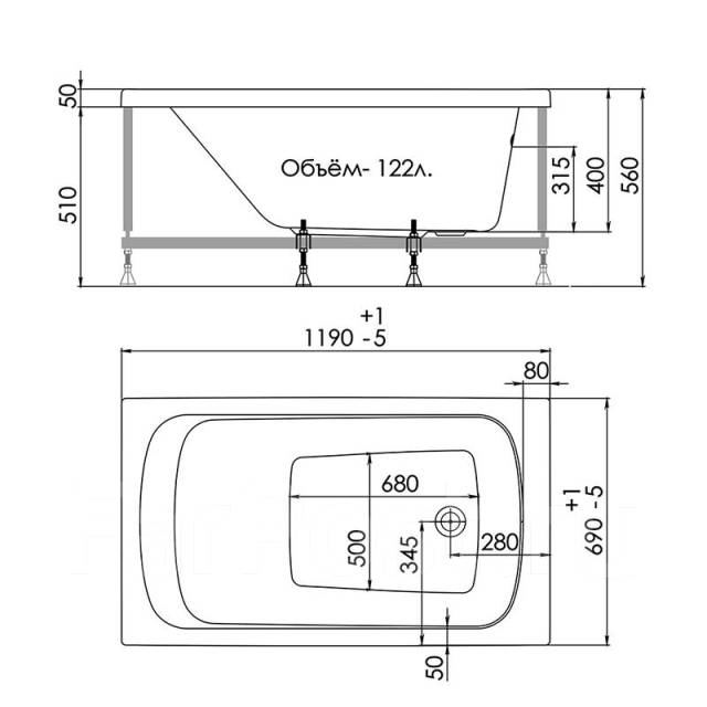 Акриловая ванна 1ACReal Стандарт Gamma 120 1200х700х400мм в комплекте с ...