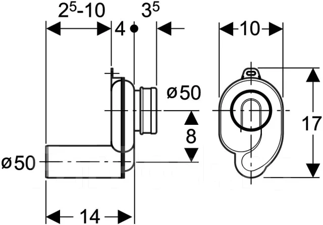 Сифон к писсуару скрытого монтажа горизонтальный, d50 - Сантехника и ...