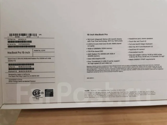 Apple MacBook Pro 16 2019. 16", 2,3����, ��� 16 ��, ���� 1 000���, WiFi: 1, Bluetooth: 1 ����