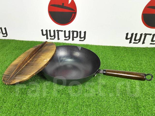 Сковорода ВОК (WOK) из углеродистой стали с деревянной крышкой. 32 см ...