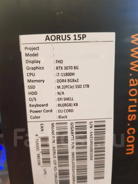 Gigabyte Aorus 15P XD. 15.6", ��� 16 ��, ���� 1 000���, WiFi: 1, Bluetooth: 1 ����