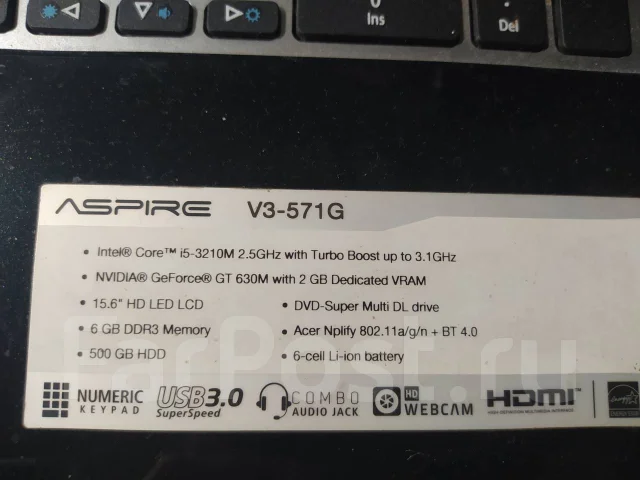Acer Aspire V3-571G. 15.6", 2,5����, ��� 6 ��, ���� 500���, WiFi: 1, Bluetooth: 1, ����������� �� 1��. ����