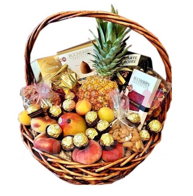 Подарочная корзина с кофе, чаем, шоколадом, фруктами и орехами, новый ...