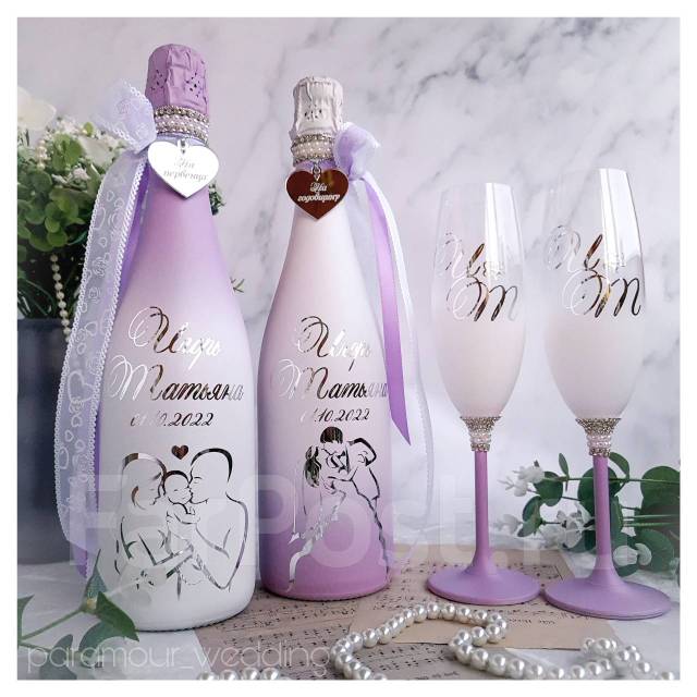 Набор украшений на бутылки шампанского Банты на свадьбу и праздники Цвет сиреневый