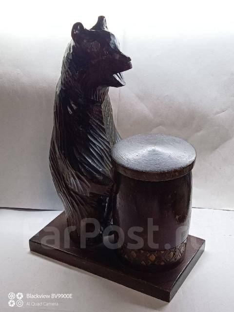 * Большая Статуэтка деревянная Медведь с бочонком меда СССР Ручная раб ...