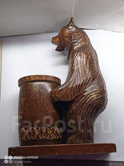 * Большая Статуэтка деревянная Медведь с бочонком меда СССР Ручная раб ...