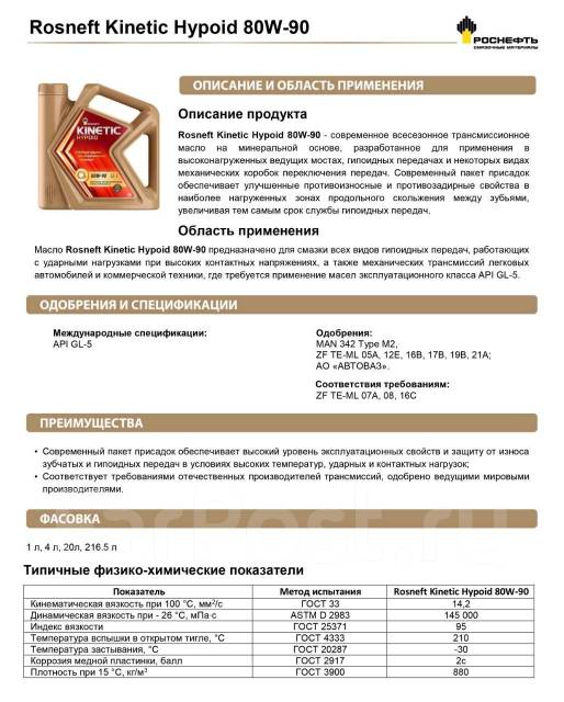 Масло RN Kinetic Hypoid 80W-90, GL-5, 1л Роснефть - Трансмиссионные ...