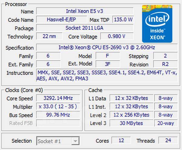Intel Xeon E5-2690 V3 2.6-3.5GHz 12C/24T 30Mb 135W LGA2011-3 +, б/у, в ...