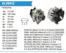��������� Nissan QR25DE Altima (CL32) 2.5 Hybrid 2006-, Renault Koleos 2.5, 12V 120A Motorherz ALV0412WA ����