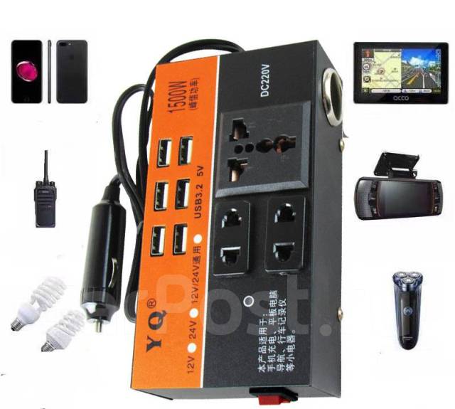 АВТО инвертор в прикуриватель 12/24V - 220V / 3 розетки 220V 6 USB ...