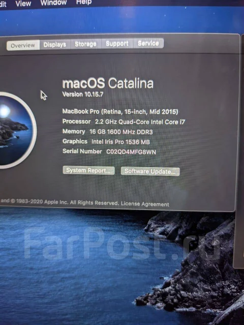 Apple MacBook Pro 15 2015 Mid. 15", 2,2����, ��� 16 ��, ���� 256���, WiFi: 1, Bluetooth: 1, ����������� �� 10��. ����