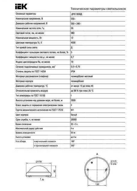 Светильник светодиодный ДПО 3030Д с датчиком движения 12Вт IP54 IEK ...