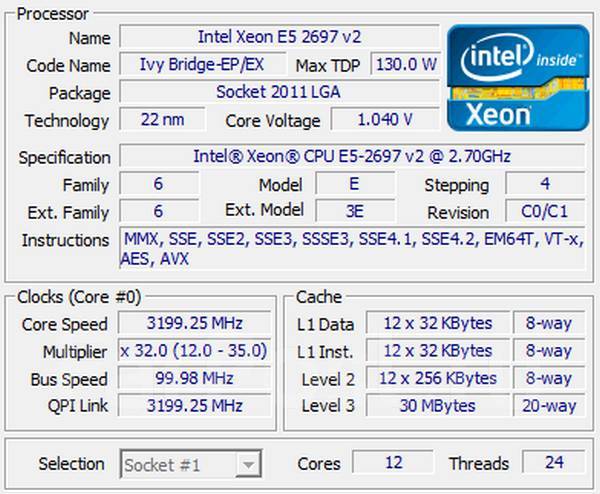 Intel Xeon E5-2697 V2 2.7-3.5GHz 12C/24T 30Mb 130W LGA2011 +, б/у, в ...