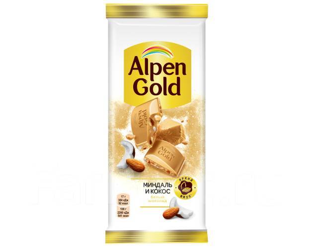 Шоколад Альпен Гольд Alpen Gold белый шоколад с миндалем и кокосом, в ...