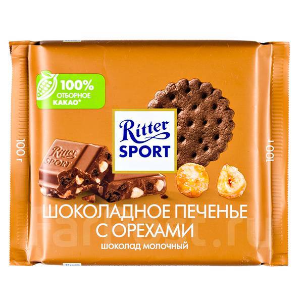 Шоколад Риттер Спорт Шоколадное Печенье с Орехами 100 г 1 уп. х 12 шт ...