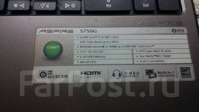 Acer Aspire 5750G. 15.6", 2,3����, ��� 6 ��, ���� 640���, WiFi: 1, Bluetooth: 1, ����������� �� 1��. ����