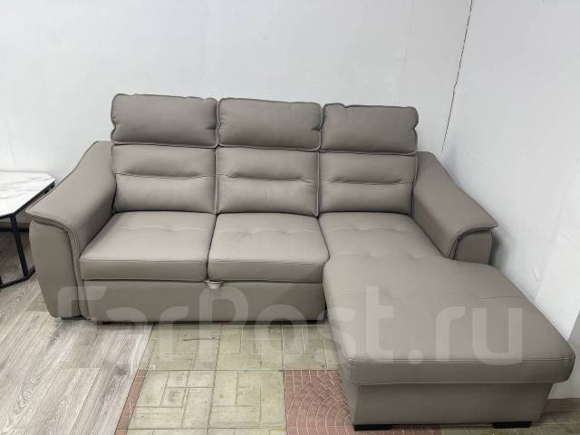 Диван угловой из натуральной кожи, длина 2.2, выкатной, чёрный, серый ...