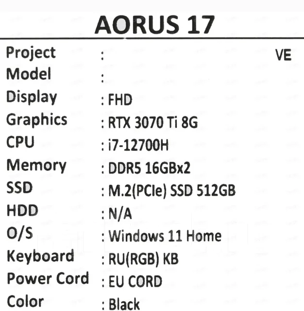 Gigabyte Aorus 17. 17.3", ��� 32 ��, ���� 500���, WiFi: 1 ����